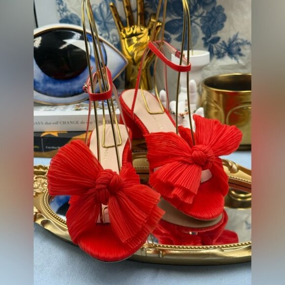 🆕 LOEFFLER RANDALL 🧿 NWOT Dahlia Candy Apple Red Pleated Organza Bow Heel Sz 7 - Picture 6 of 16